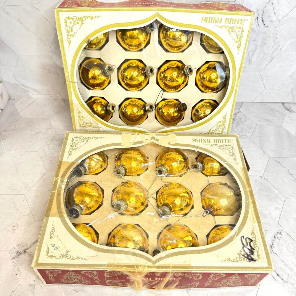 Vtg Shiny Brite Glass Balls Lot of 24 Original Boxes Gold 1-1/2” Hooks Tops READ